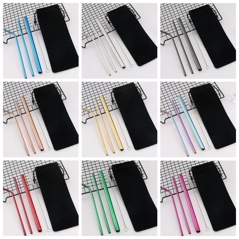 

Stainless Steel Straw Set Reusable Rainbow Gold Metal Straight Bend Straws Metal Drinking Straws Set with Cleaning Brush Bag new GGA3479