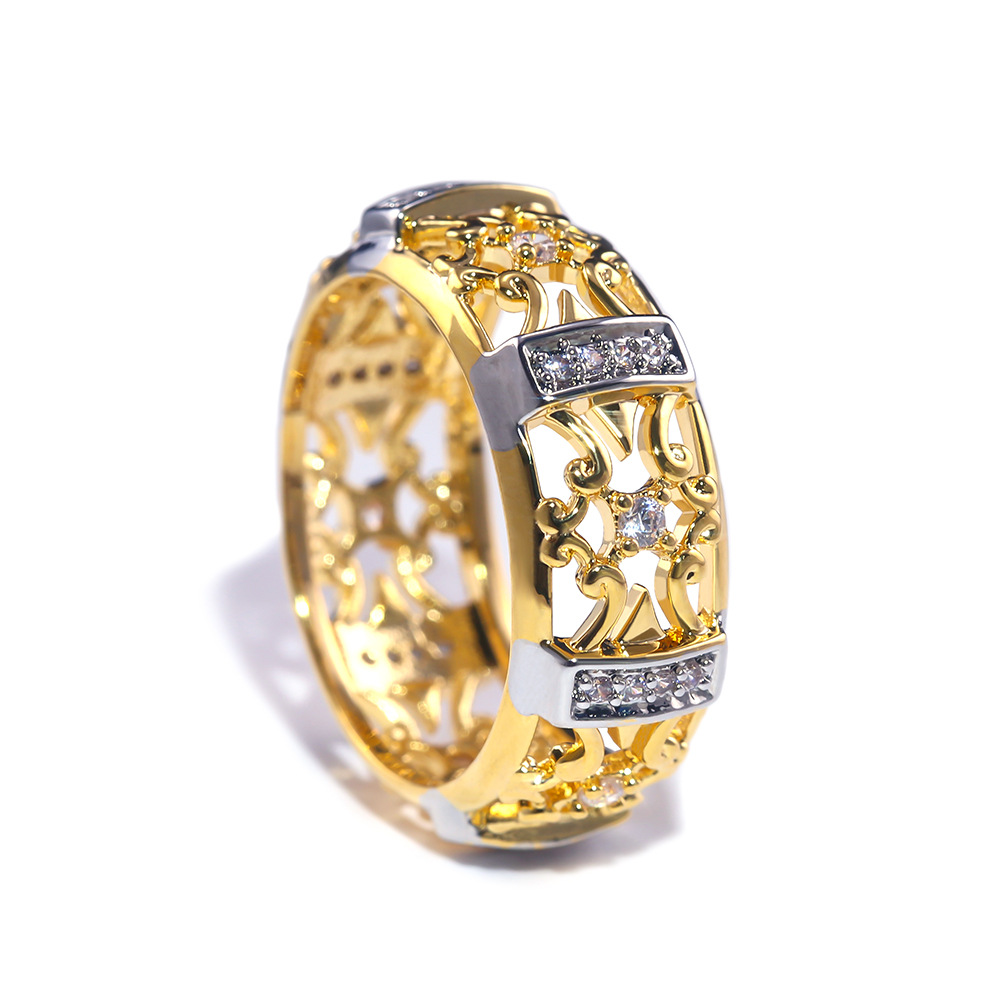 Lady & Women's Gold color electroplate rings hollow pattern ring fashion zircon jewelry Size 6/7/8/9/10-image-509145450