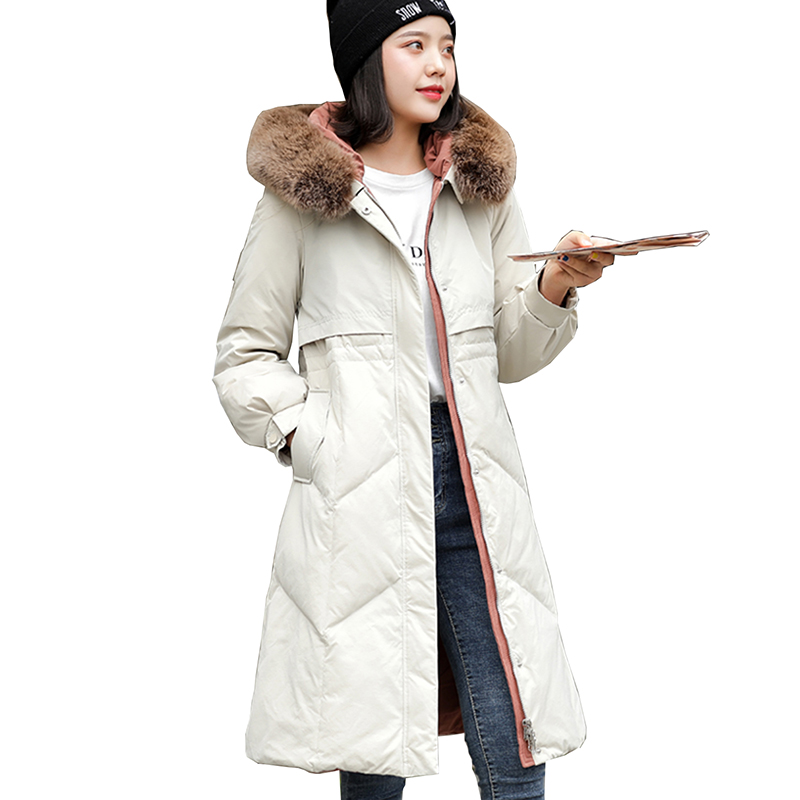 

Fashion hundred-ride down jacket 2019 new Medium-length Winter thicken jacket fur collar hooded coat, Beige