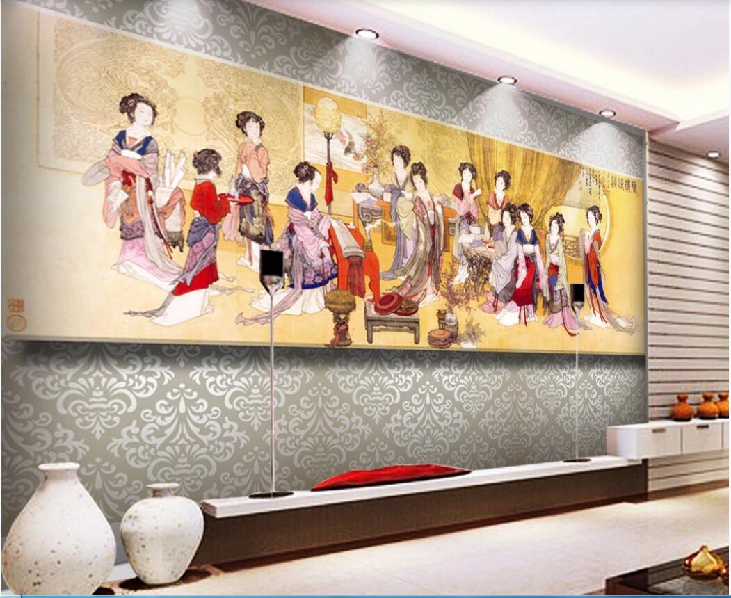 

3d wallpaper custom photo murals Twelve jinchai ladies figure ancient painting TV background wall decor wall art pictures, Non-woven fabric