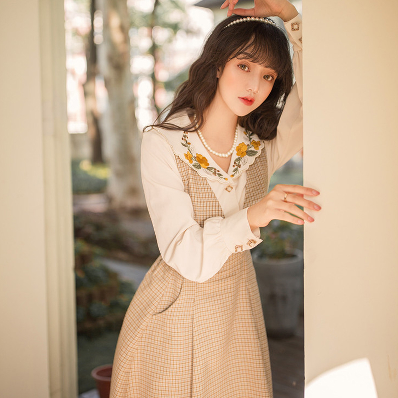 

New Arrival Japanese Vintage Woman Kawaii Long Sleeve Dresses 2020 Summer Fashion Women Clothing Retro Two-Piece Dresses Female, Khaki