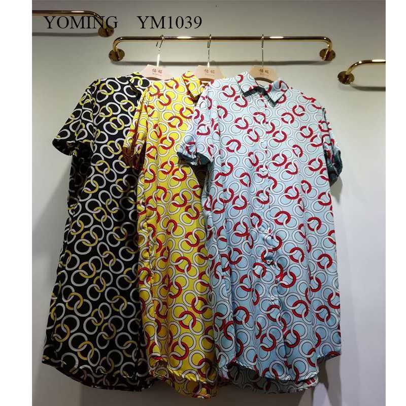 

YOMING YM1039 Fashion Plus Size Print Long Blouses Tops Turn-down Collar Short Sleeve Buttons Style Shirts Streetwear, Ym1039 yellow