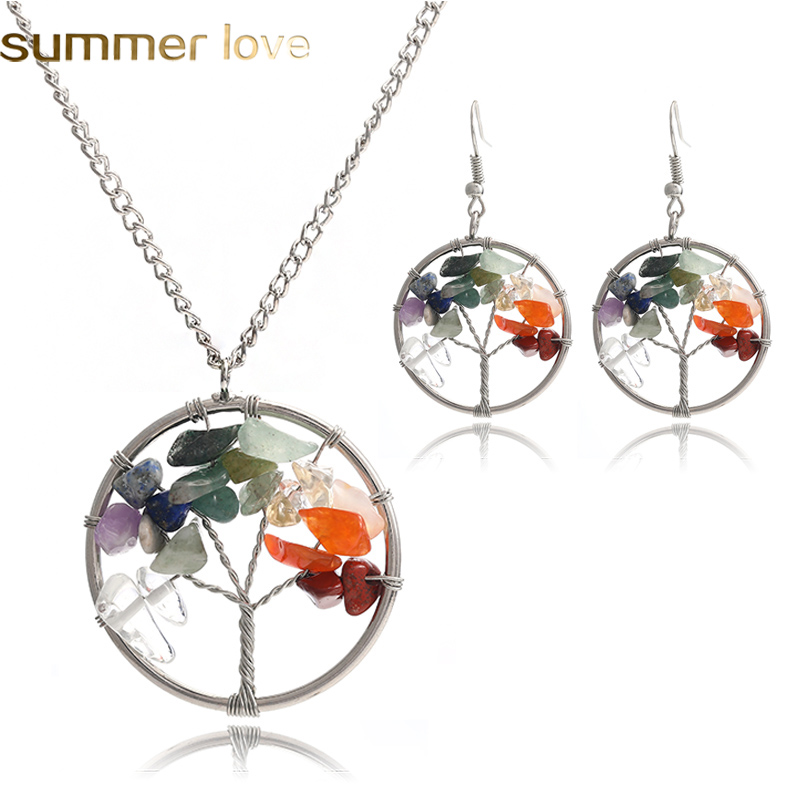 

Newest Fashion Earrings Necklace Jewelry Set Life of Tree Natural Stone Pendant Necklace Stud Earrings Elegant Jewelry Gifts for Women Girls, Silver