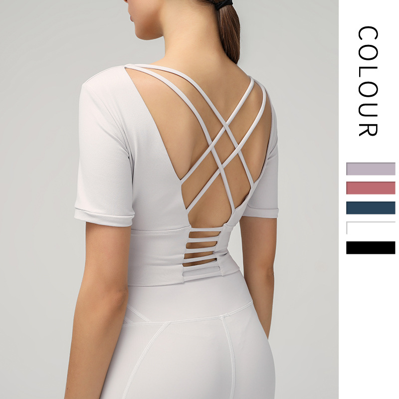 

Women Back Straps Gym Yoga Crop Tops Yoga Shirts Long Sleeve Training Top Fitness Running Sport Short Sleeve Sportswear Sexy, Black