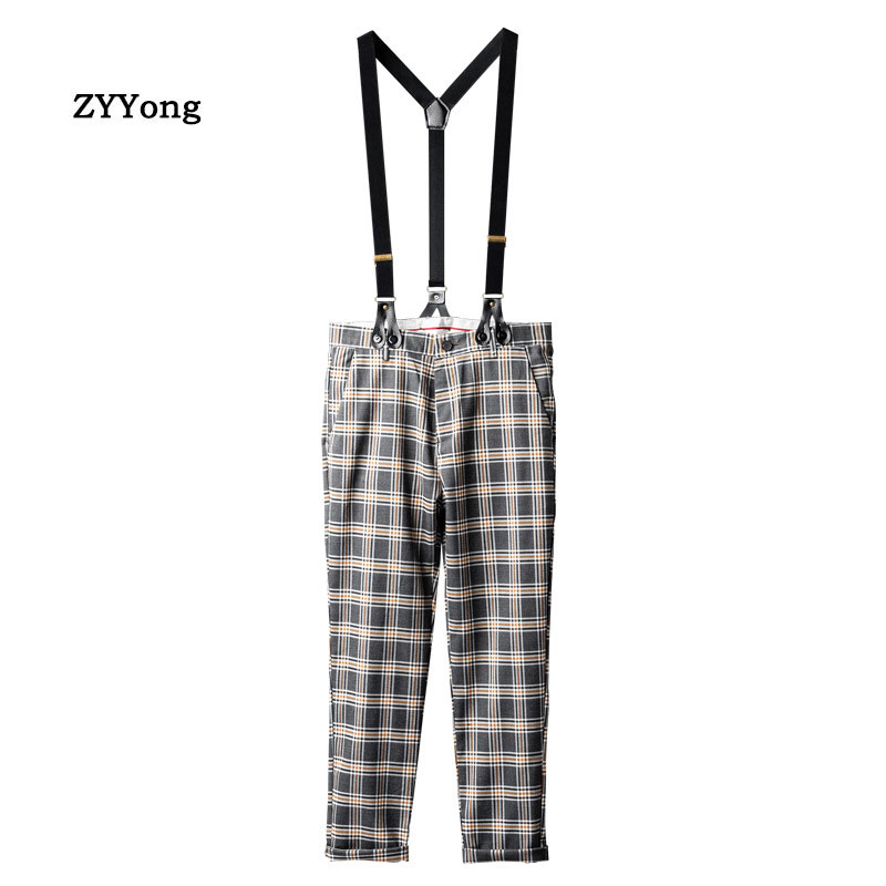 

New Men' Bib Overalls Fashion Leisure Gray Lattice Suit Pants Large Size Gentleman Style Slim Jumpsuits Comfortable Trousers
