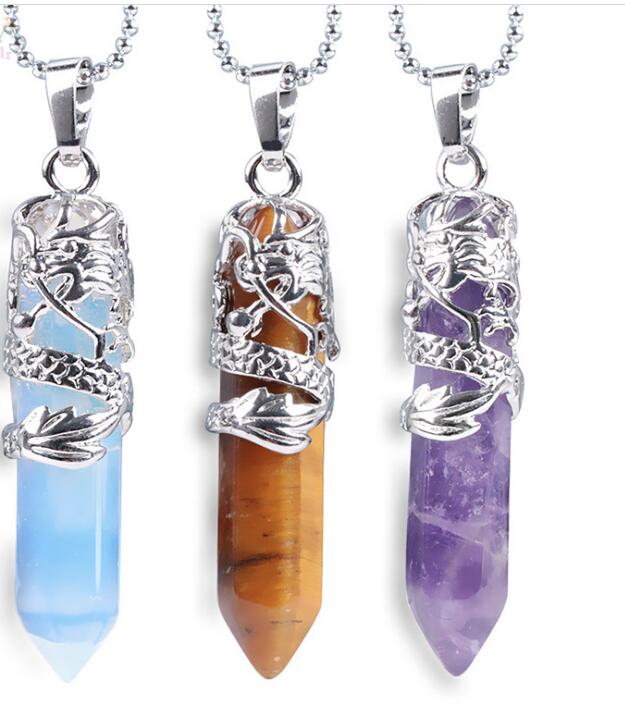 Collier pendentif en pierre naturelle en forme de Dragon Totem tribal collier de colonne de cristal de balle Hexagonal Reiki WY1247