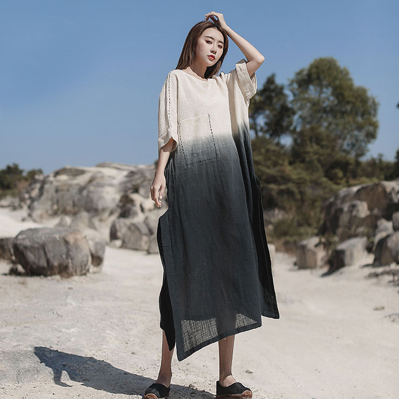 

Johnature Women Cotton Linen Dresses Bat Sleeve Embroidery Robes 2020 Summer New O-Neck Vintage Women Clothing Casual Dresses, Black