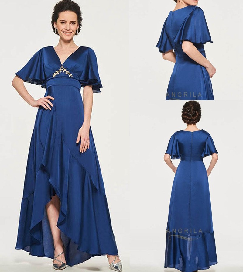 

Plus Size Angrila A Line Mother of The Bride Dresses V Neck Wedding Guest Dress Chiffon Short Sleeve High Low Ankle Length Evening Gowns