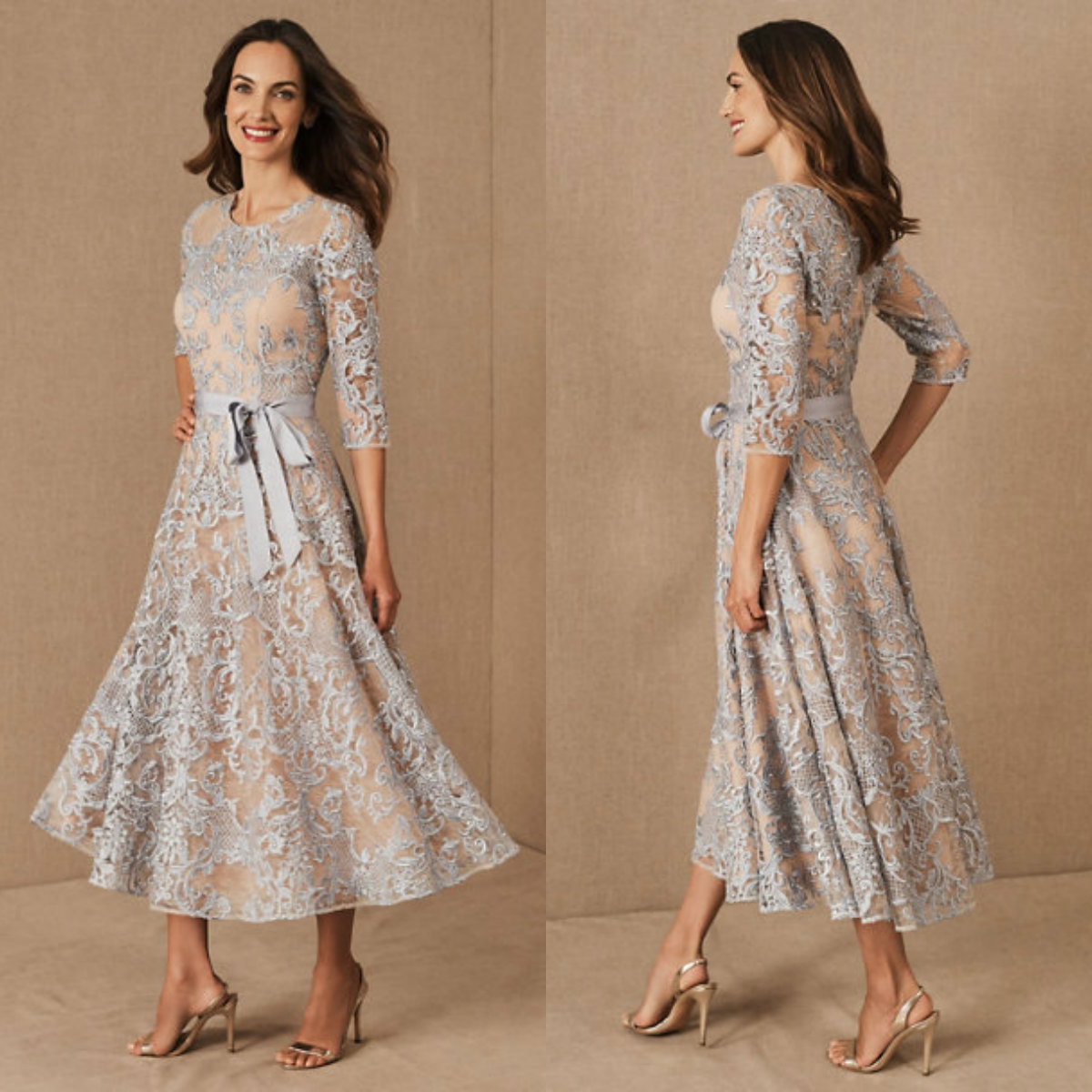 

Elegant Mother Of The Bride Dresses Jewel Neck A Line Lace Appliques Wedding Guest Dress 3/4 Long Sleeves Formal Mother Gowns