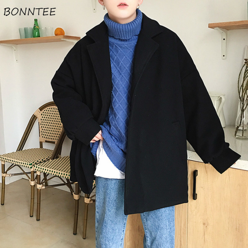 

Wool Men Solid Loose Turn-down Collar High Quality Comfortable Mens Long Sleeve Ulzzang Harajuku Casual BF Winter Overcoat Chic, Khaki