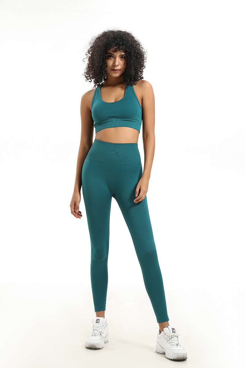 

Seamless 2 Piece Set Women High Waist Fitness Leggings And Push Up Sports Top Bra Gym Clothing, Green