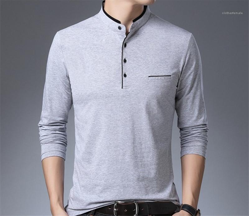 Couleur Tops Homme Collier Stand à manches longues T-shirts pour hommes lambrissé Bouton T-shirts pour hommes Longueur régulier pure