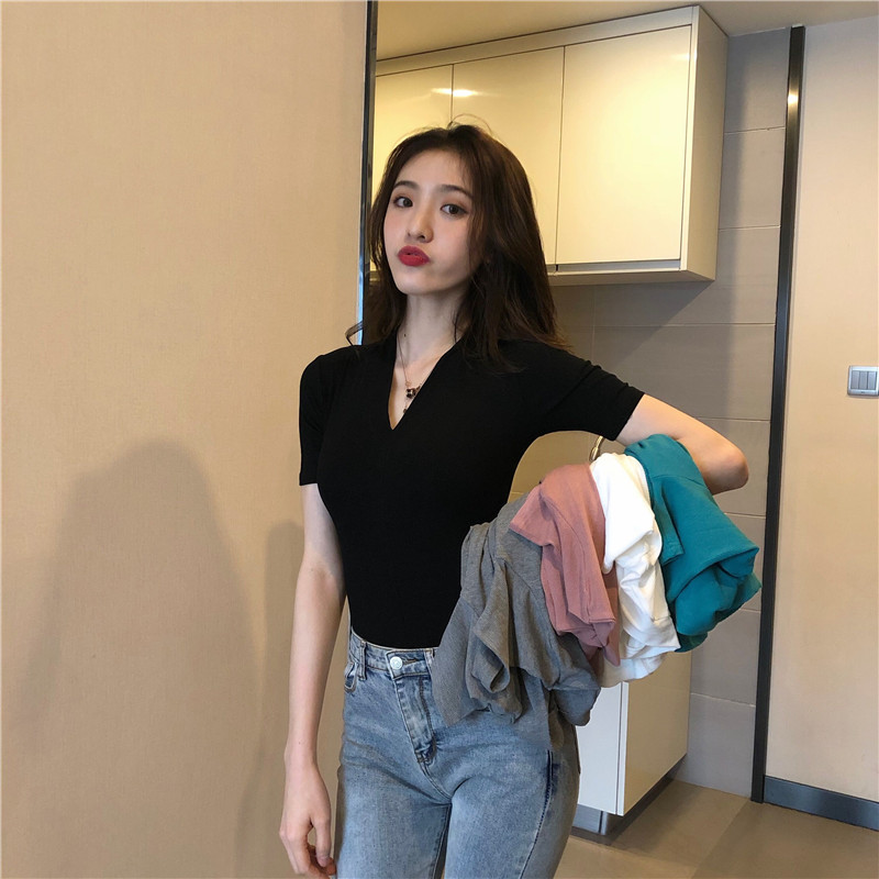 

Girls Sheath Deep V-neck Slim Short Sleeve T shirts Tops Ladies Tees Tshirt For Women GR0316, Black