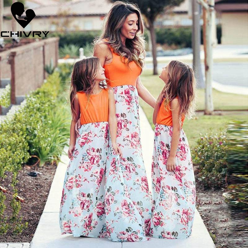 

Chivry New Mother Daughter Dresses Sleeveless Patchwork Floral Long Dress Mom and Daughter Sundress Family Matching Clothes