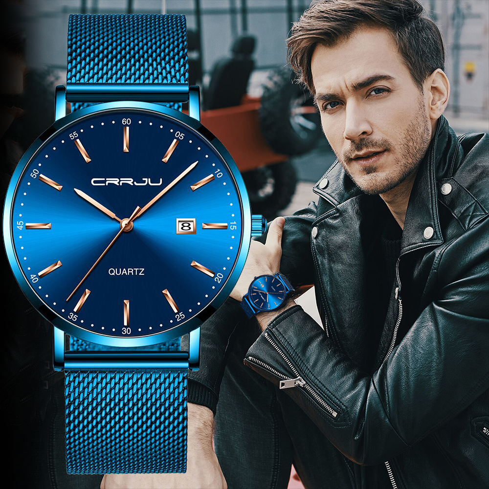 

CRRJU men watch Top Brand Luxury men's wristwatch Fashion Casual ultra-thin Minimalist watch Quartz date clock Relogio Masculino LY191226, Blue silver
