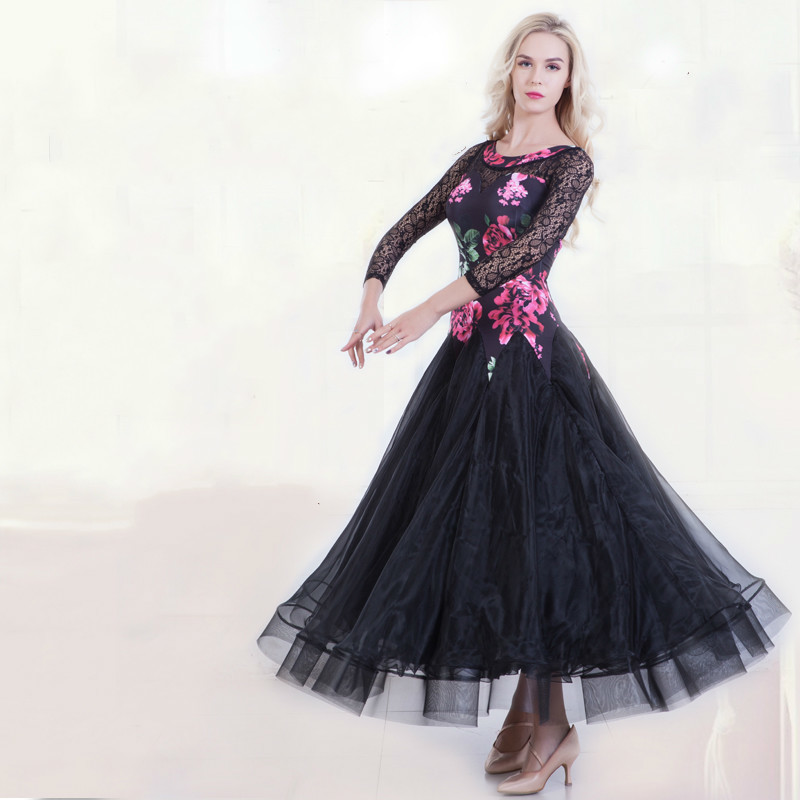 

Modern Dance dress lace sleeve flower print top part vivid dress one piece ballroom dance, Blue