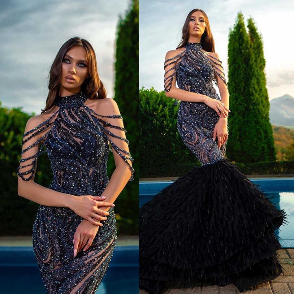 

2020 Sparkly Mermaid Evening Dresses High Neck Beaded Feather Sleeveless Prom Dress Ruffle Sweep Train Custom Made Formal Party Gown, Ivory