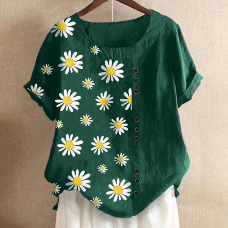 

Women 2020 Summer Daisy Print Cotton Linen Blouse Shirt Elegant Short Sleeve Buttons pullover tops 5XL Casual O-Neck Lady Blusa