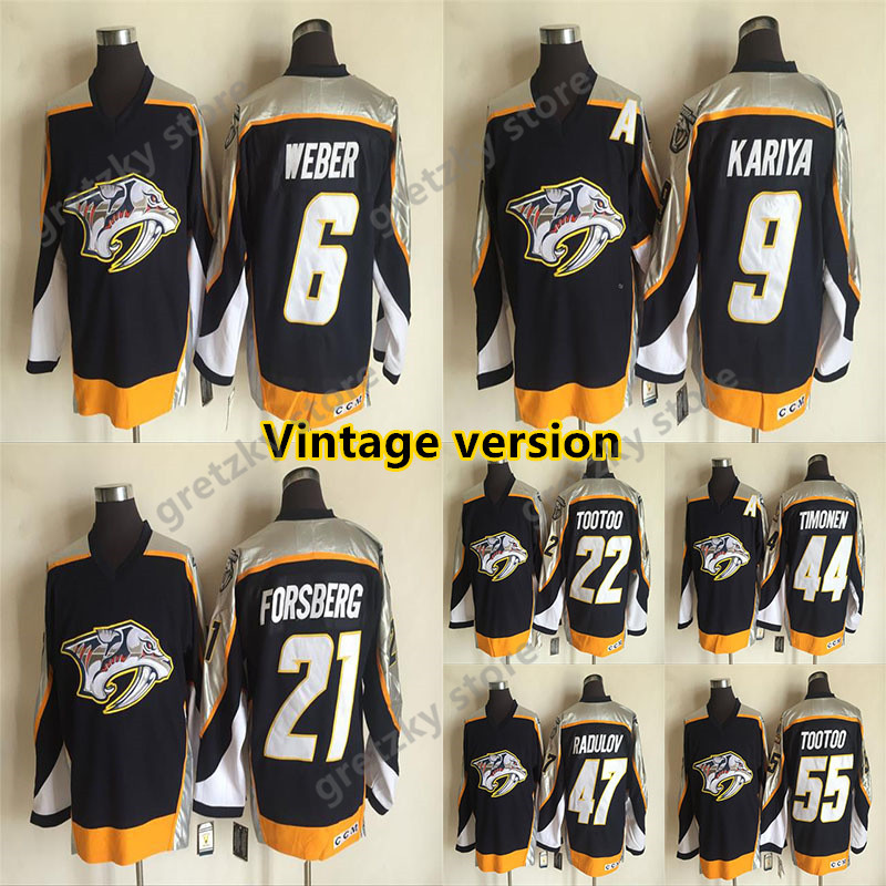 

Nashville Predators Vintage version jerseys 9 KARIYA 44 TIMONEN 47 RADULOV 21 FORSBERG 6 WEBER 22 TOOTOO 55 TOOTOO CCM Hockey Jerseys, Black;red