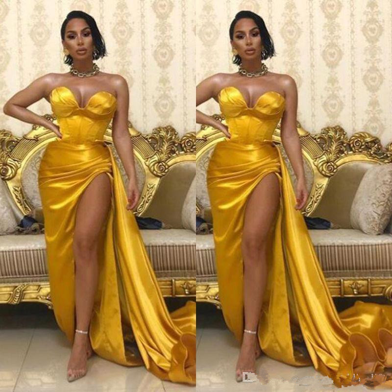 2020 Yellow Sweetheart Prom Dresses Satin Long Evening Gown Sexy High Split Dubai Party Dress Formal Ocn Robe Vestito Lungo