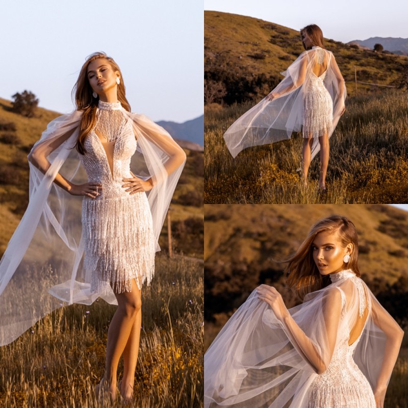 

Silvery Elegant Sheath Wedding Dresses V Neck Sequins Appliques Tassel Backless Wedding Dresses With Warps Short Vestidos De Novia, White