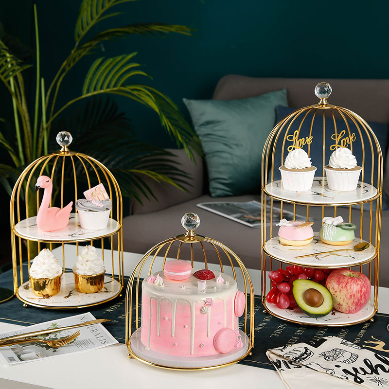 

Creative birdcage display shelf ceramic three-layer dessert table tray cake rack trays decorative home goods tableware