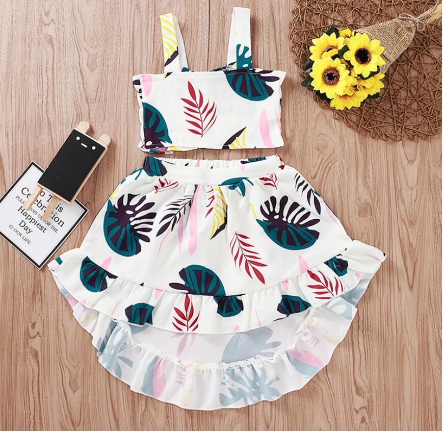 

Girl Square Collar Sleeveless Suspender Belt Tops and Dress Set Baby Summer Leave Print Lotus Edge Skirt Suit Kids Clothes Two Pieces ZHT269, As picture