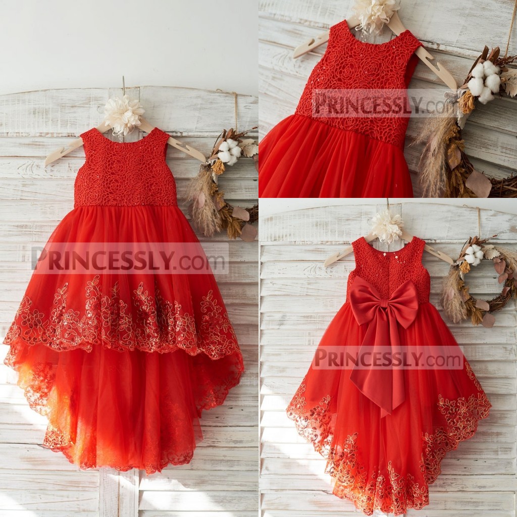 

Newest Red Ball Gown Flower Girl Dress Jewel Neck Sleeveless Applique Wedding Dress Hi Lo Girl's Birthday Part, Gold