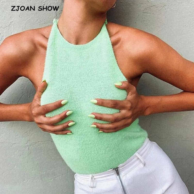 

2020 Sexy Streetwear Knitted Shaggy Women Camis Fashion O neck Backless Bandage Crop Top Vintage Cropped Halter Women Tank Top, Green