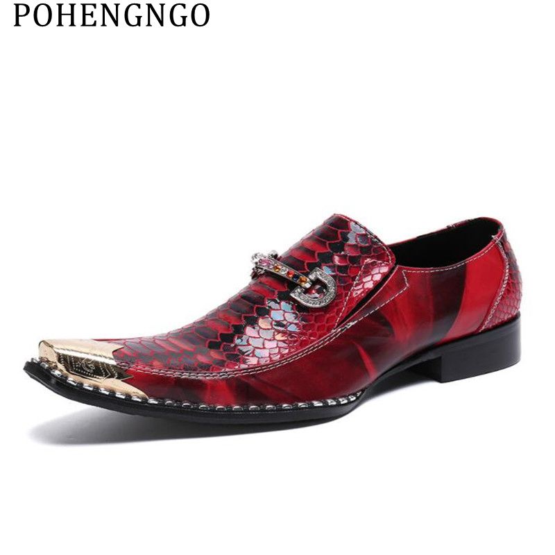 

Italian Fashion Men Dress Shoes Fish Scales Metal toes Office Business Wedding Shoes Men rhinestones Oxford Flats, Red