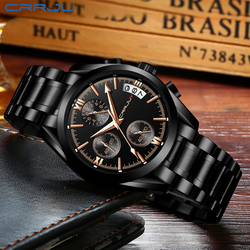 

2020 CRRJU Mens Quartz Analog Watch Luxury Fashion Sport Wristwatch Waterproof Stainless steel Male Watches Clock Relogio Masculino, Slivery;brown
