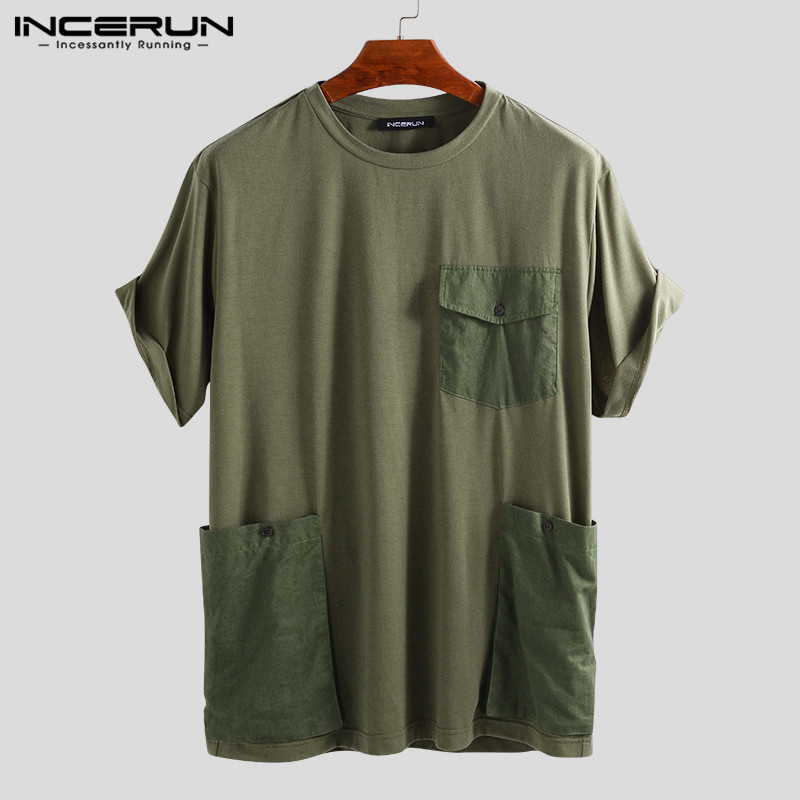 Incerun Fashion Hommes T-shirt Poches Solide Manches courtes Lâche haute Street Casual Tees Men Couple Dames T-shirts Plus Taille 2020 Y200409
