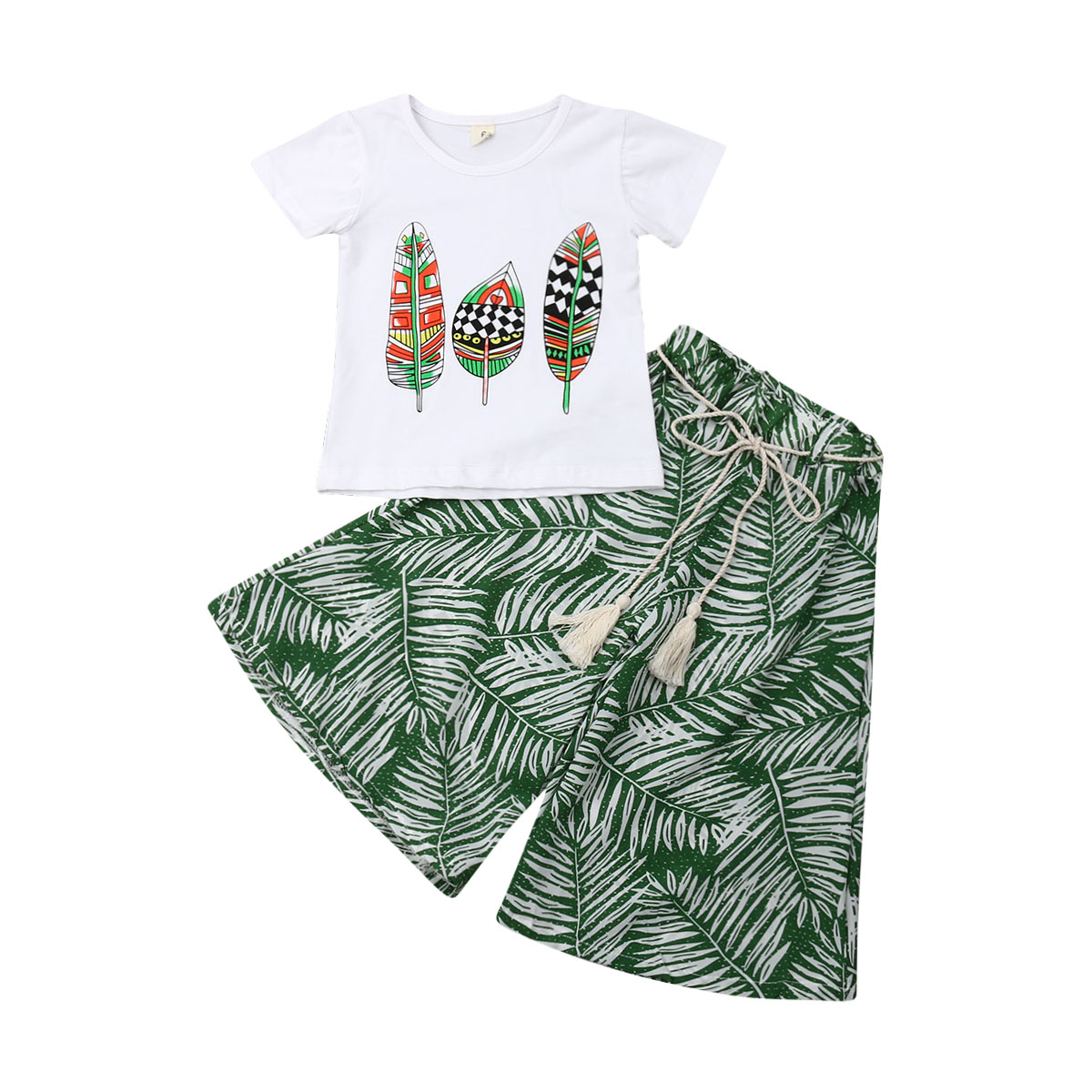 Hot Sale Kids Girls Summer Clothes Set 2019 New Baby Girls Leaf Short Sleeve Tee Tops Long Trousers Casual Holiday Outfits Sets-image-471169721