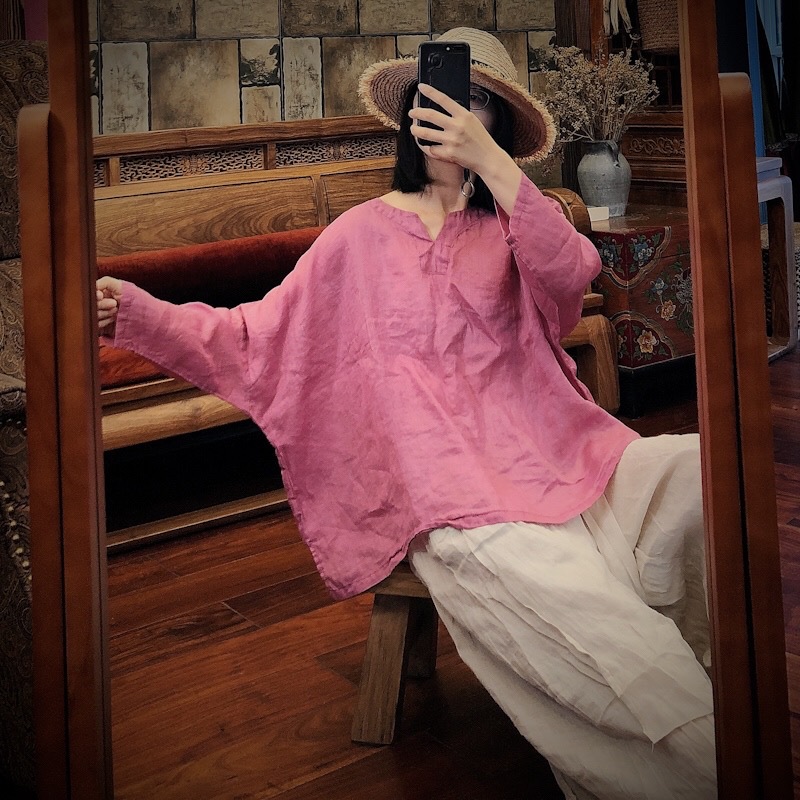 

Johnature Vintage Pink Linen V-Neck 2020 Women Shirts Long Batwing Sleeve New Autumn Casual Loose Retro Solid Color Blouses