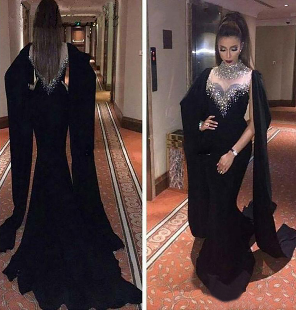 New Gorgeous Black Saudi Arabia Evening Gowns Elegant Mermaid High Neck Crystal Dubai Prom Dresses Sexy Backless Long Sleeve Evening Dresses