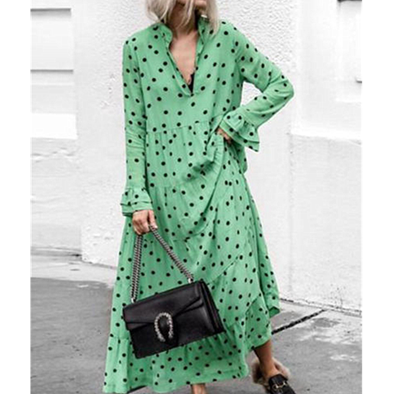 

New Fashion Women V-neck Long Sleeve Polka Dot Party Ladies Casual Summer Swing Long Maxi Dress Beach Holiday Clothing, As pic