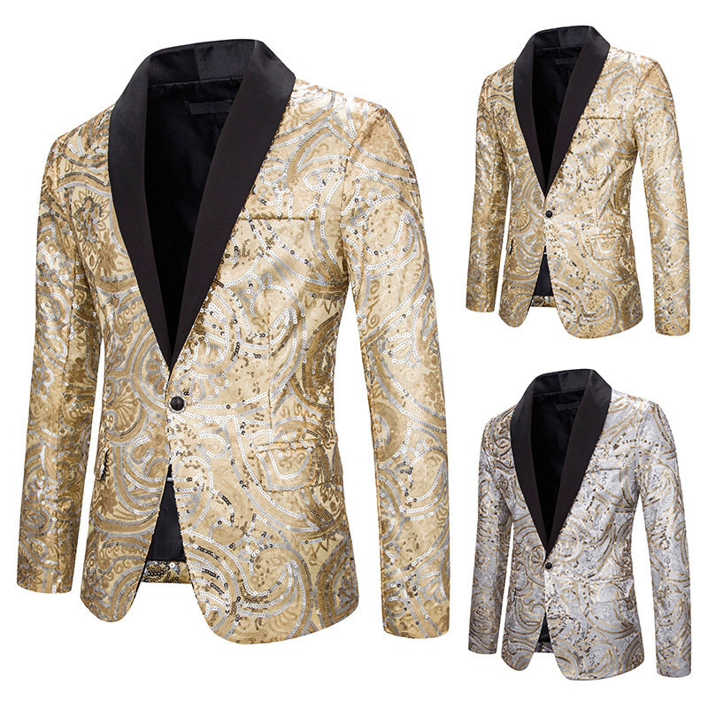 

Men' brand new creative fashion casual personality sequin suit host master of ceremonies best man wedding men suit jacket, Gold