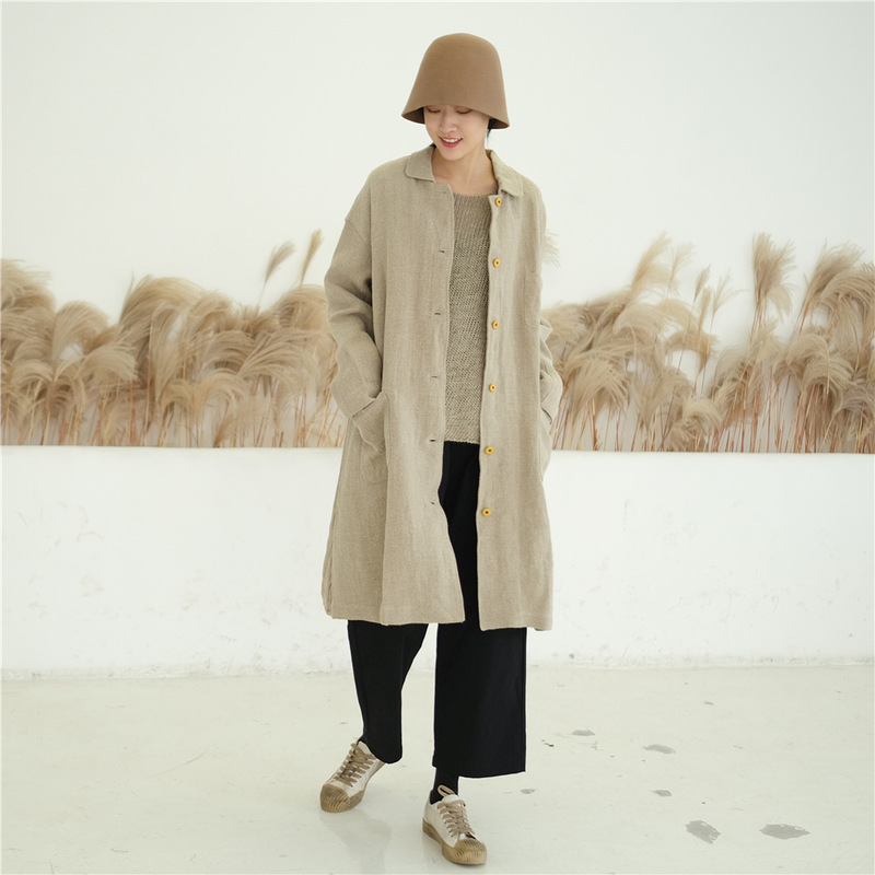 

autumn rain embedded in lapel single-breasted loose women windbreaker long flax in the original vintage coat, See chart