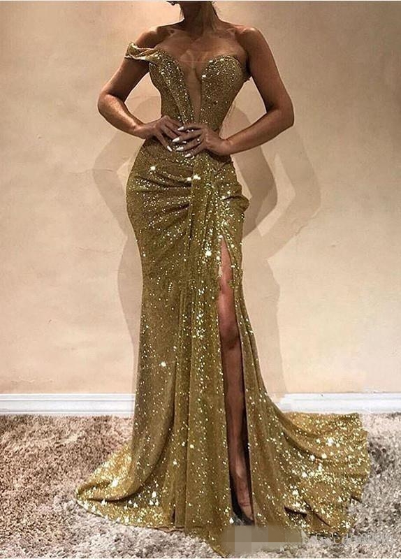 

Modest Gold Sequins One Shoulder Prom Dresses Mermaid Pleats Ruched Sexy Side Slit Plunging Custom Made Long Evening Party Gowns, White