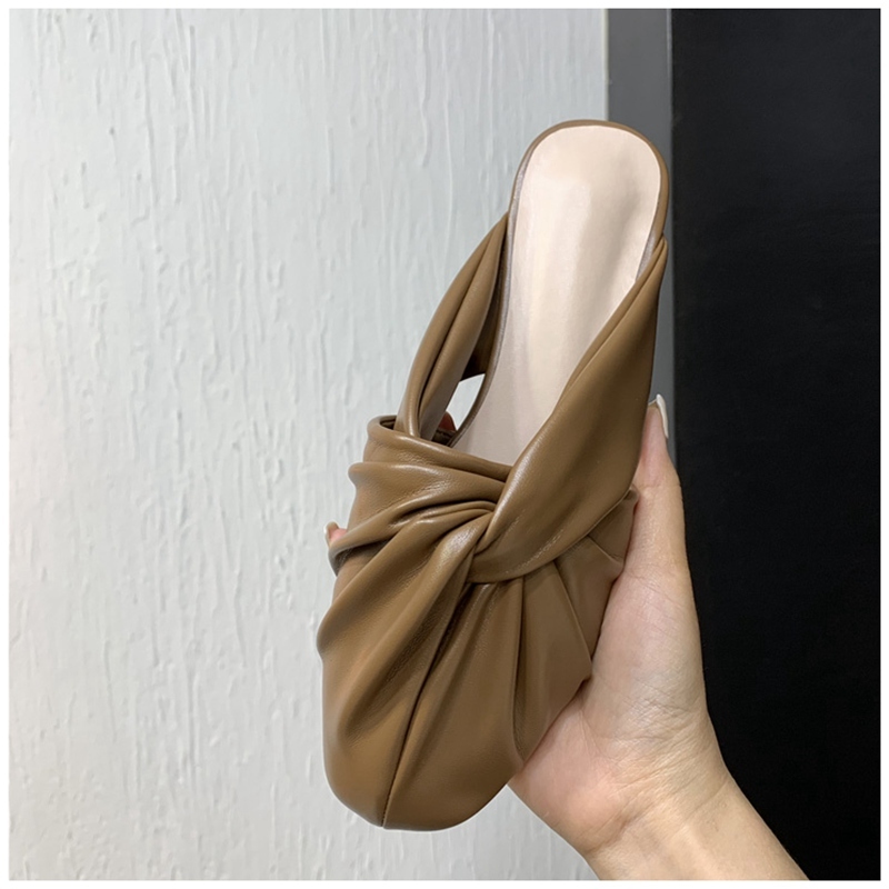 

Fashion Women Round Toe Slippers New Bow-Knot Slip On Mules Sandal Flat Heel Elegant Women Slides Casual Slipper, Beige