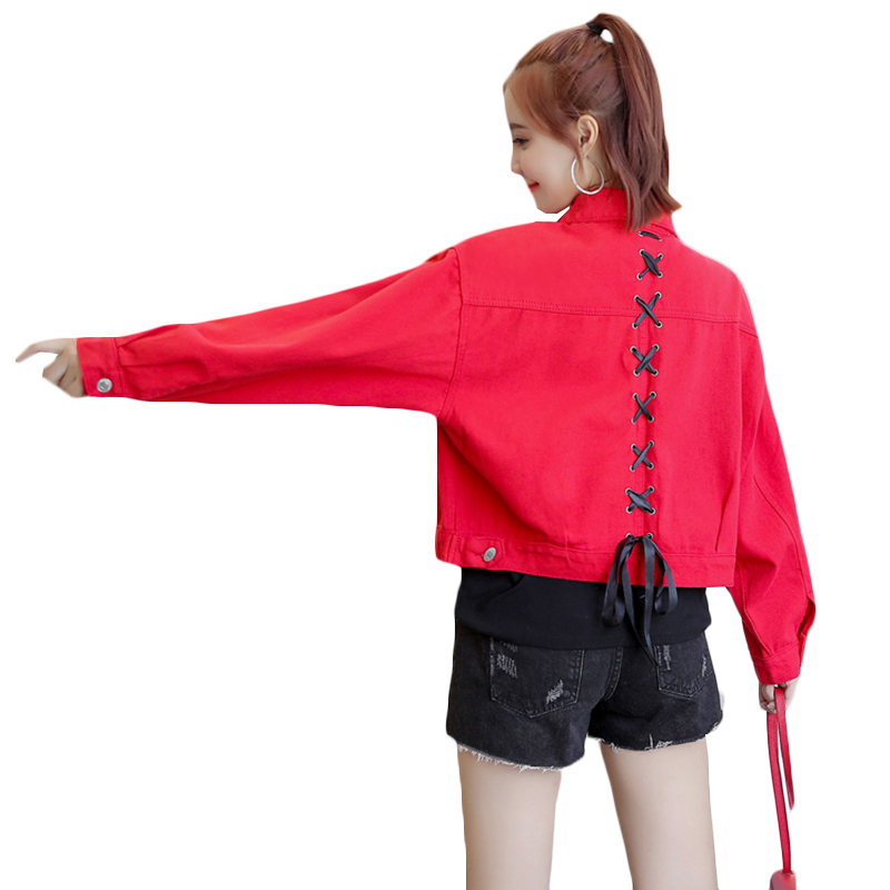 

Spring Autumn Women Loose Denim Jacket Women Fashion Bandage Jean Jackets Female Solid Long Sleeve Cropped wild Jacket BF Wind, Khaki