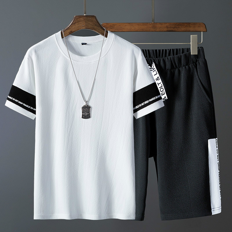 

Casual Male Tracksuit Clothing Summer Men Set Fitness Suit Sporting Suits Short Sleeve T Shirt + Shorts Quick Drying 2 Piece Set, Black