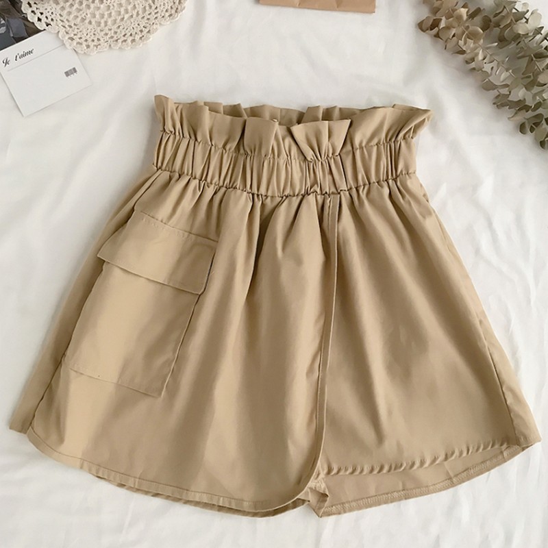 

3 Colors Summer Casual Elastic Waist High Waist Big Pocket Women Shorts Fashionable Streetwear Solid Color Female Shorts Skirts, Black