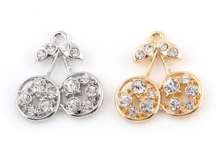 

20PCS/lot 25x27mm (Golden,Silver Color) Rhinestones Cherry Hang Pendant Charms Fit For DIY Floating Dangle Locket Jewelrys