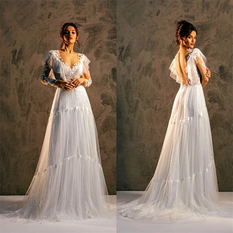 Glitter Wedding Dresses V-neck Long Sleeve Sequins Cheap A-line Boho Bridal Dress Appliqued Lace Beach Sweep Train Beach Robes De Mariée