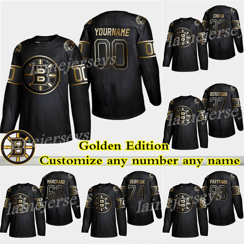 

Boston Bruins Golden Edition 4 Bobby Orr 74 DeBrusk 37 Patrice Bergeron 63 Marchand 88 Pastrnak Customize any number any name hockey jerseys, Black