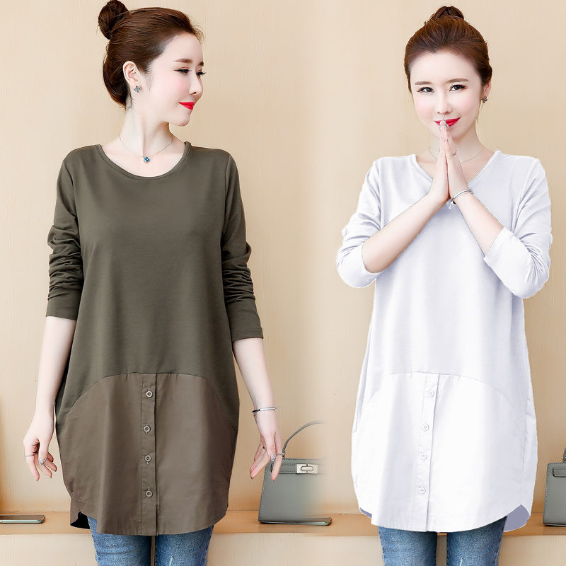 

2020 Women Tshirts Spring Fall Casual Loose Big Size Long Sleeve Long Shirt and Tops Fashion Fake Two Piece Female Clothes KN014, Black
