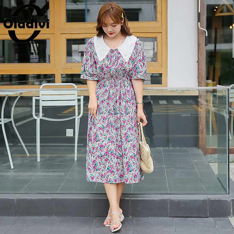 

Oladivi Plus Size Women Fashion Flower Printed Dress Ladies Casual Loose Summer Slim Waist Midi Dresses Female Vestidios 6XL 5XL, Purple