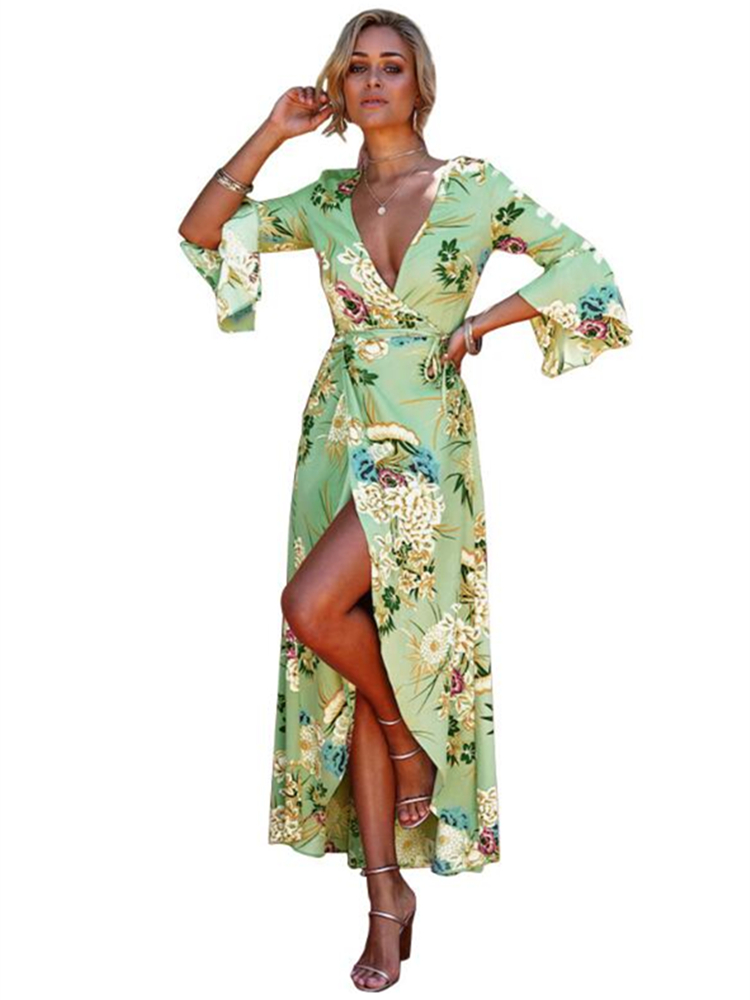 

Long Summer Beach Dress Women Sexy Deep V Floral Chiffon Maxi Dress Front Split Boho Chic Ladies Bohemian Dresses robe ete, Red