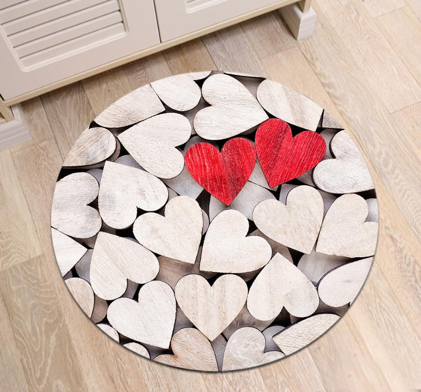 

Valentine's Day Round Rugs Wooden Love Heart Living Room Decoration Carpet Bedroom Area Rug Home Non-slip Decor Floor Mat